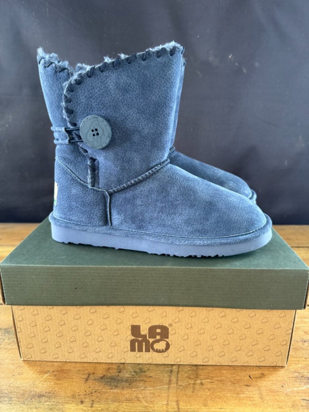 Lomo Navy Suede Button Whipstitched Ankle Boots New in Box Size 8 - Picture 4 of 5